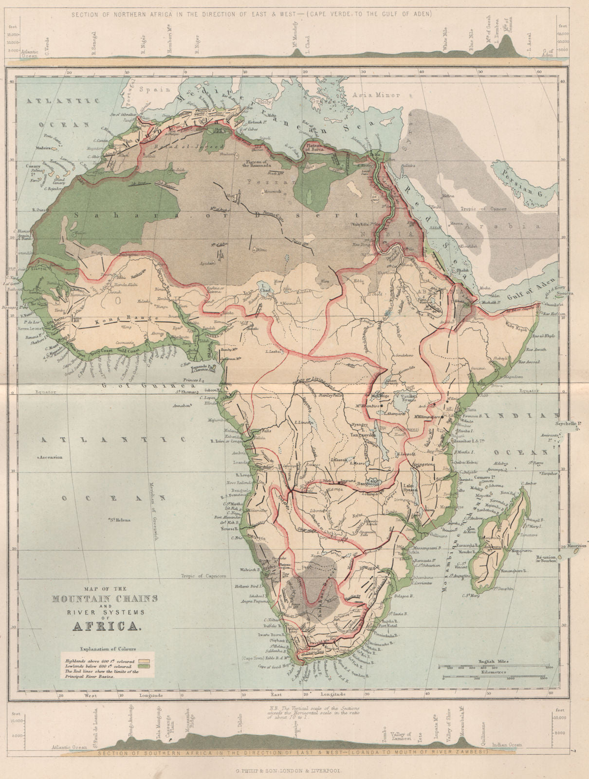 AFRICA. Map of the Mountain Chains and the River systems of Africa 1886